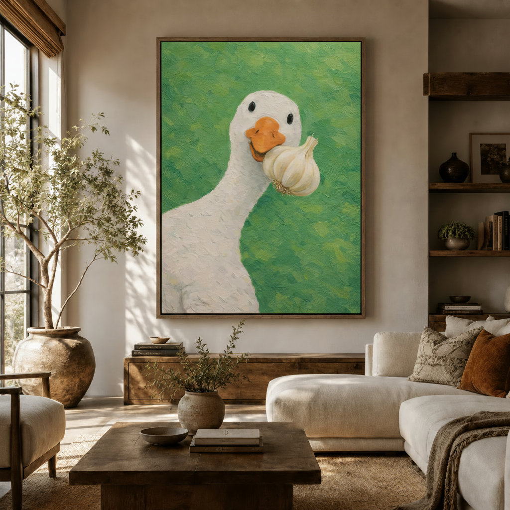Whimsical goose with garlic impasto oil painting canvas print above cream sofa in modern living room