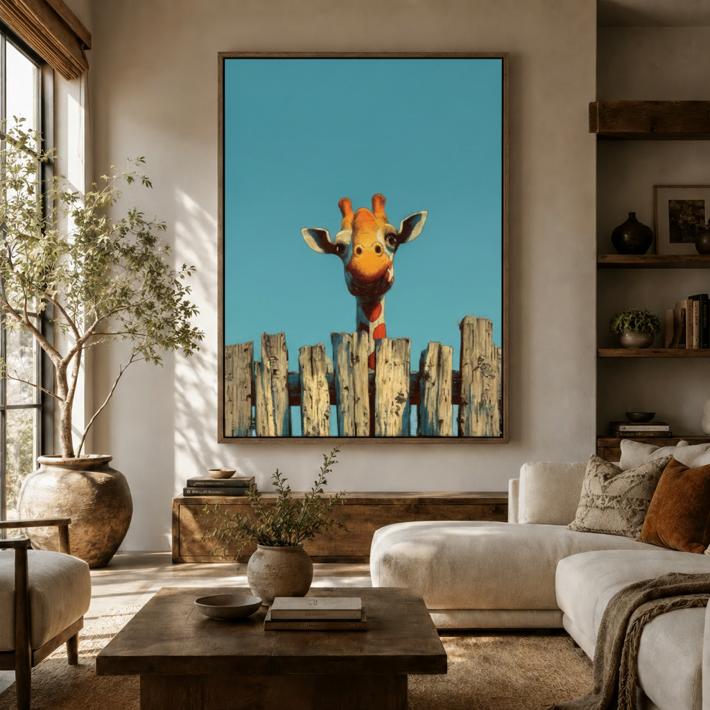 Giraffe pop art canvas print hanging in a cozy living room with olive tree and white linen sofa