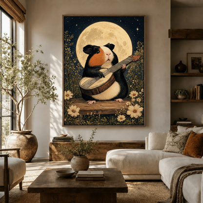 Guinea pig playing lute under full moon vintage botanical canvas art in dark walnut frame above living room console