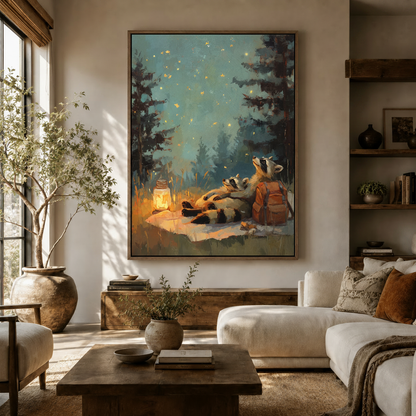 Whimsical raccoon campfire canvas wall art displayed above console in warm neutral living room