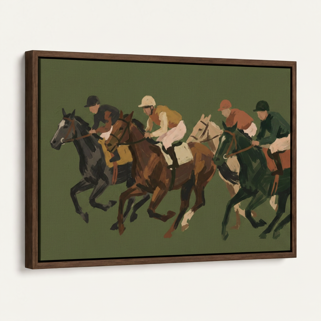 Angled side view of framed horse racing canvas showing dark walnut frame depth and olive green art