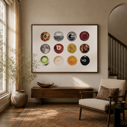 Modern circle collage pop art canvas print displayed in a warm entryway above a wooden console table