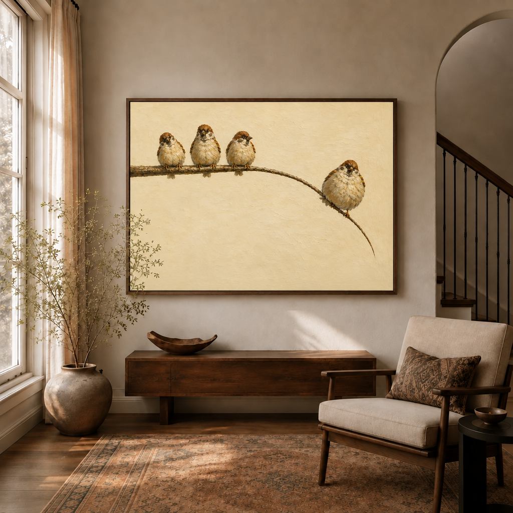 Minimalist four sparrows canvas wall art in a warm neutral living room