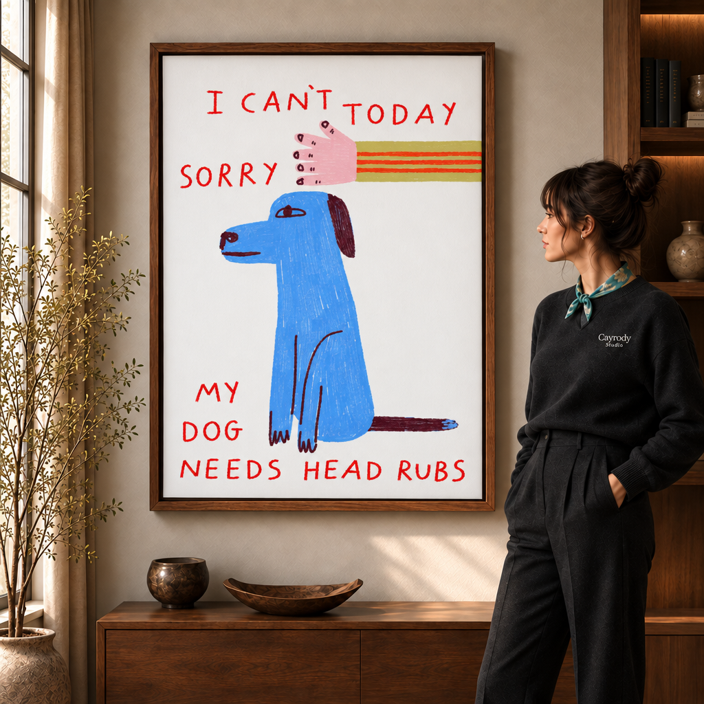 Playful dog canvas wall art in a warm living room beside a woman