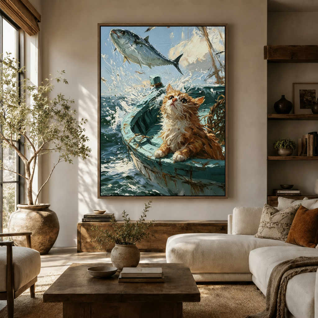 Orange tabby cat nautical impasto oil painting in dark walnut float frame, warm living room wall art