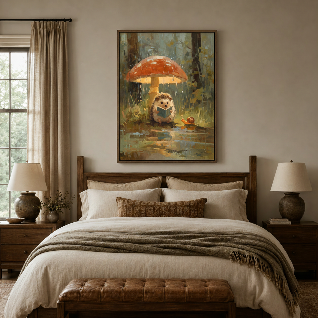 Hedgehog reading book under red mushroom rain woodland canvas in walnut float frame above bedroom headboard