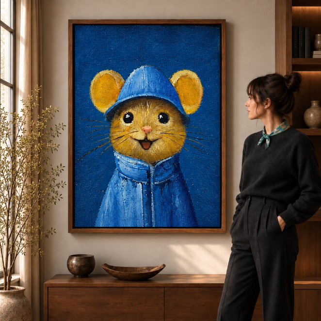 Blue-clothed mouse artwork displayed as whimsical canvas wall art.