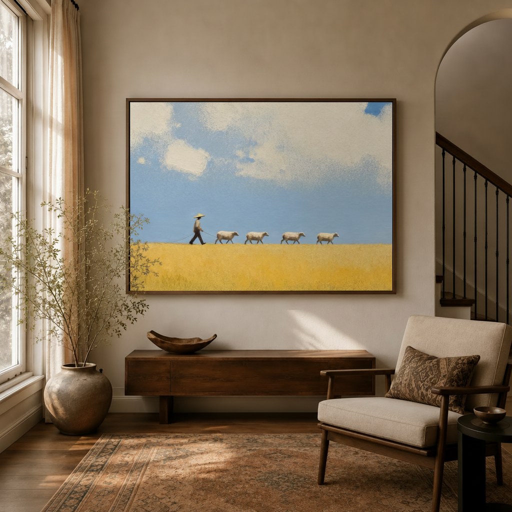 Serene shepherd and sheep canvas print in a sunlit modern living room with wooden accents.