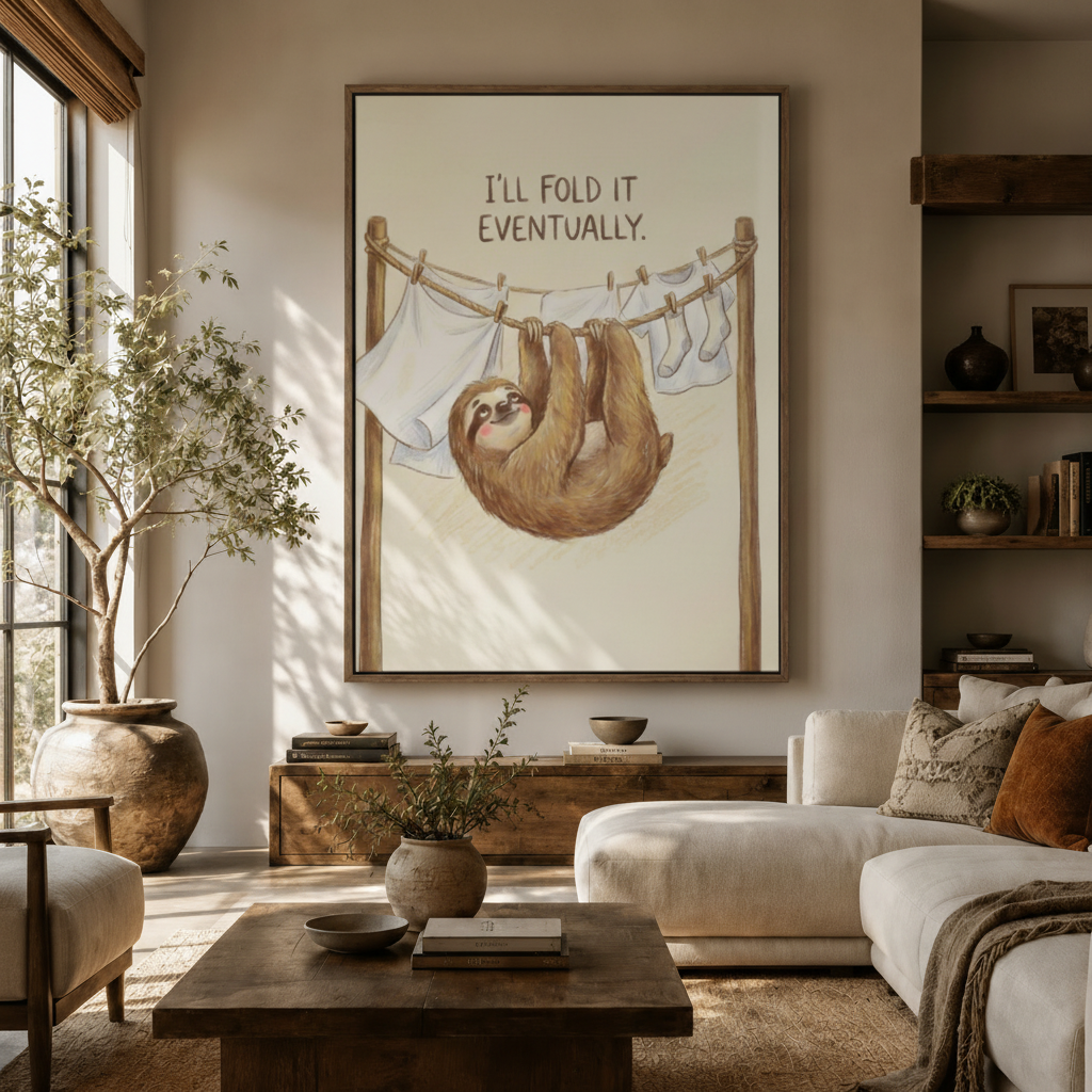 Funny sloth watercolor canvas print displayed large above credenza in warm neutral living room
