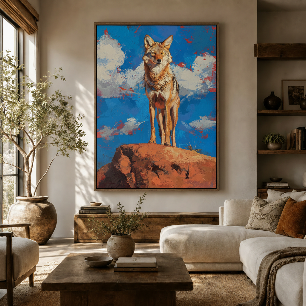 Western coyote desert canvas wall art displayed above wooden sideboard in warm neutral living room
