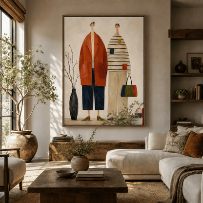 Folk art canvas wall art of two stylish women in a rust-red coat and striped top, living room scene