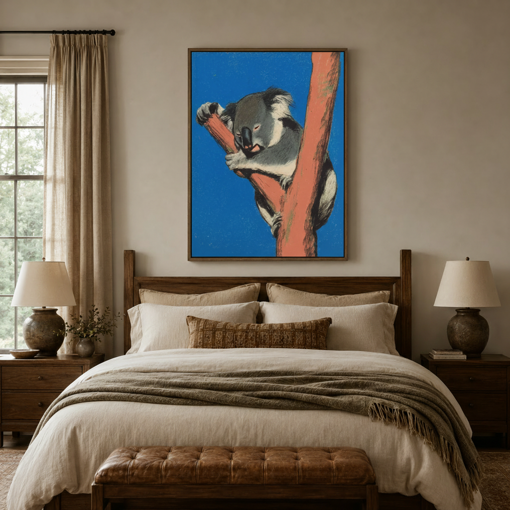 Vintage koala canvas wall art in walnut float frame displayed above bed headboard in warm cozy bedroom