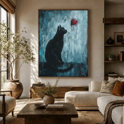 Oversized dark teal black cat heart canvas wall art above white sofa in a bright organic modern living room with wood shelving