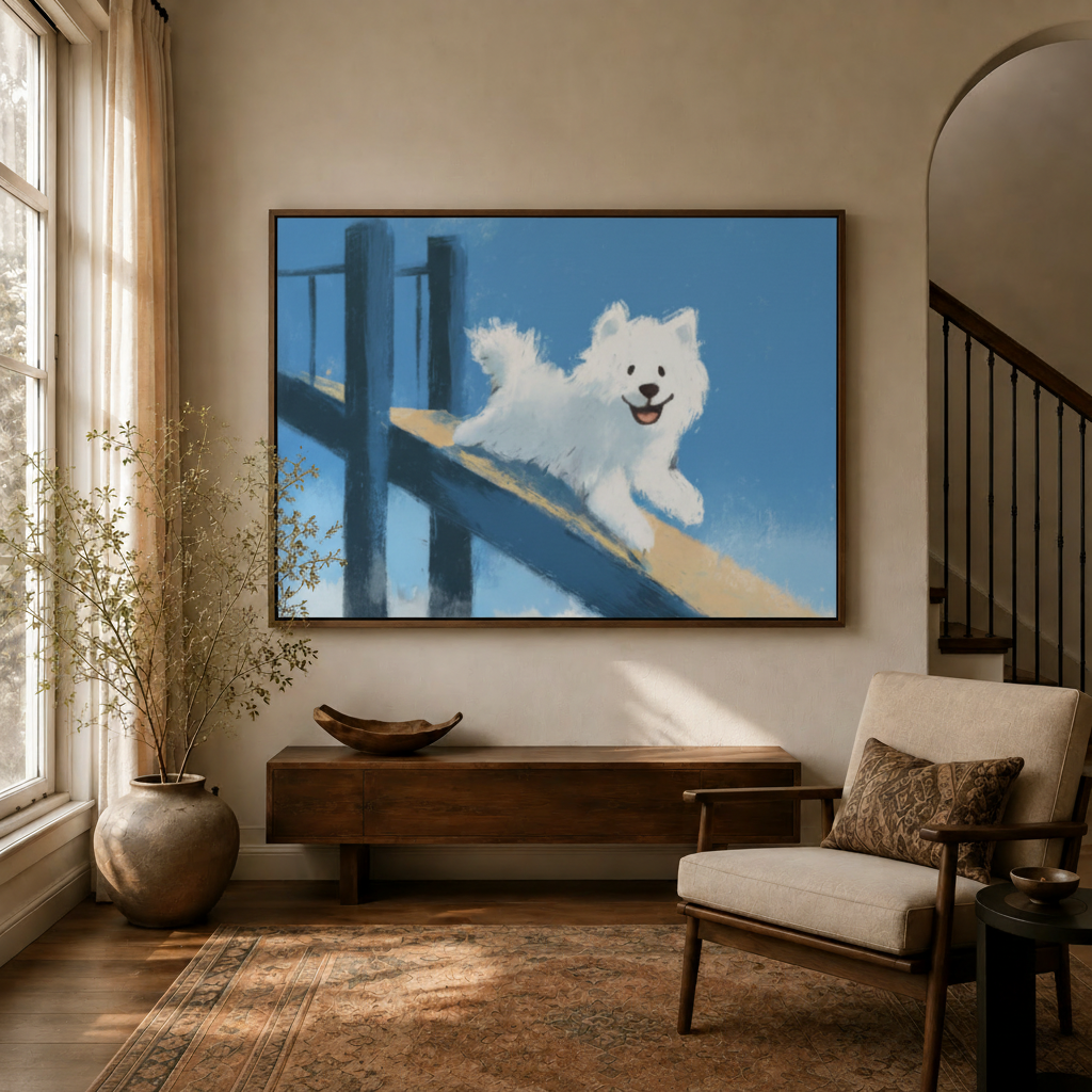 Happy white dog canvas wall art bringing bright blue color to a modern interior