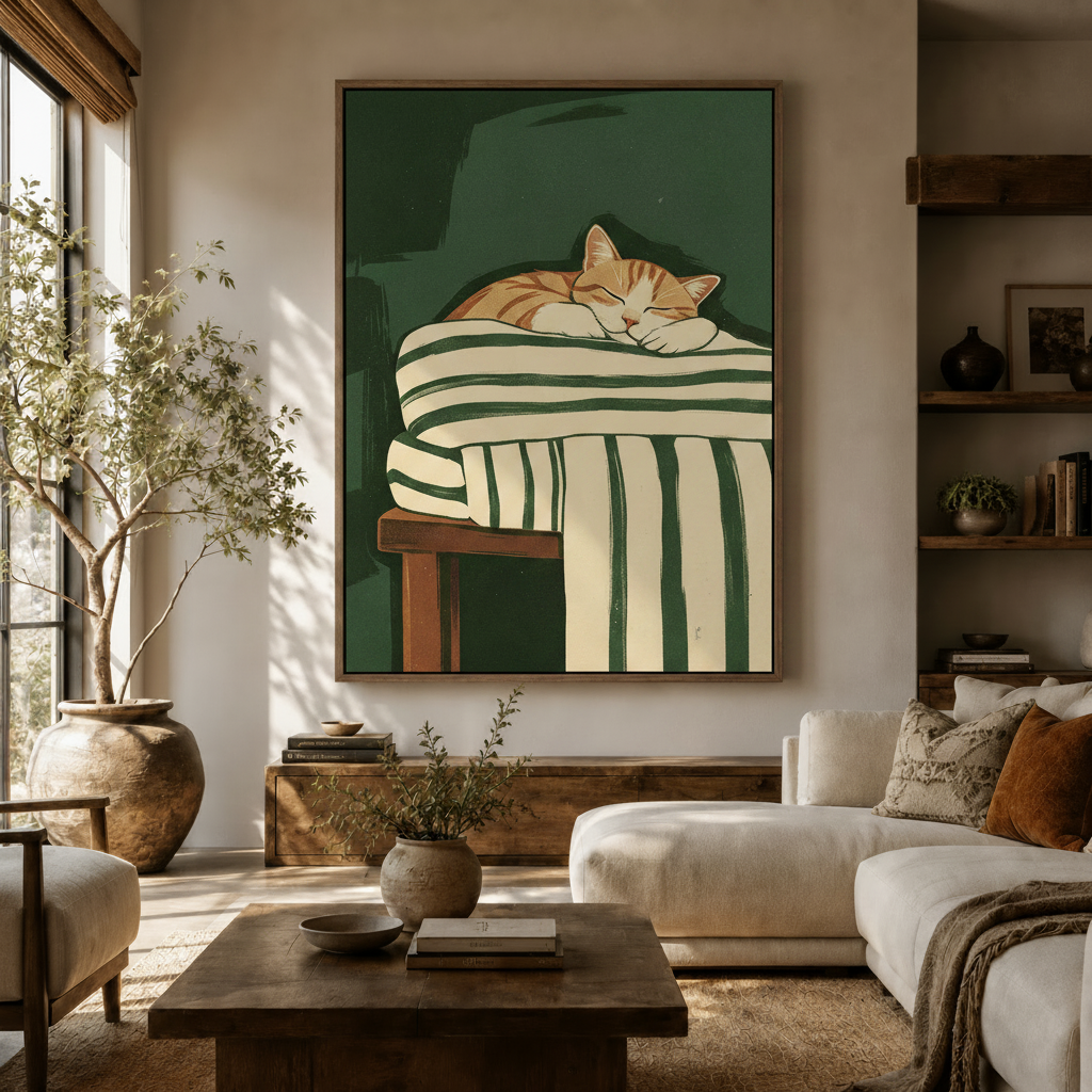 minimalist sleeping cat canvas art displayed in warm living room above wooden console