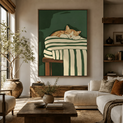 minimalist sleeping cat canvas art displayed in warm living room above wooden console