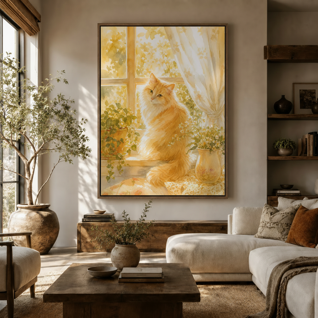 Golden orange cat sunlit window impressionist canvas wall art displayed in modern living room