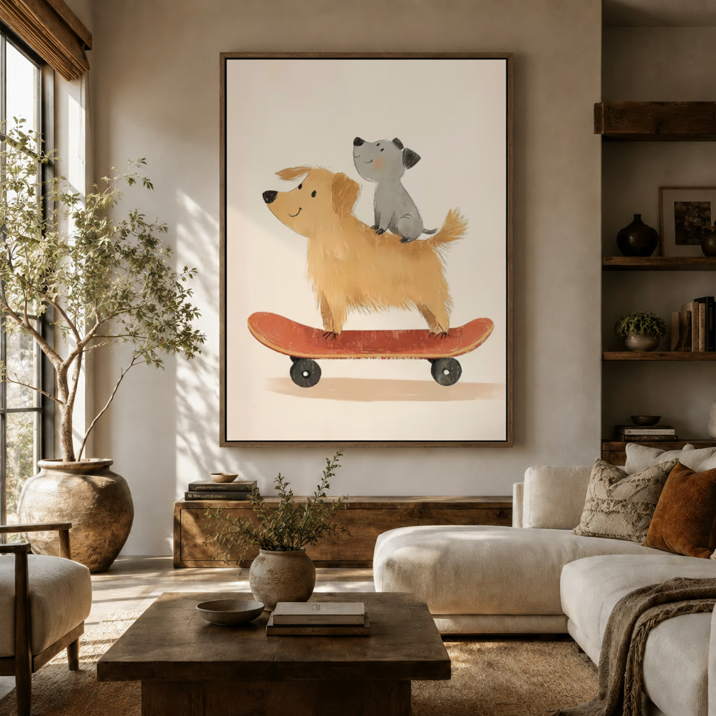 Whimsical pet canvas print of dog and cat on skateboard hanging in bright modern living room