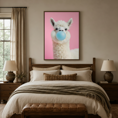 Funny alpaca blowing bubble gum pop art canvas wall art above bed in cozy farmhouse bedroom