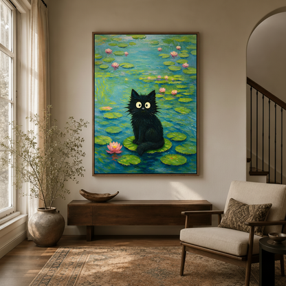 Black cat Monet water lily impressionist wall art print displaye