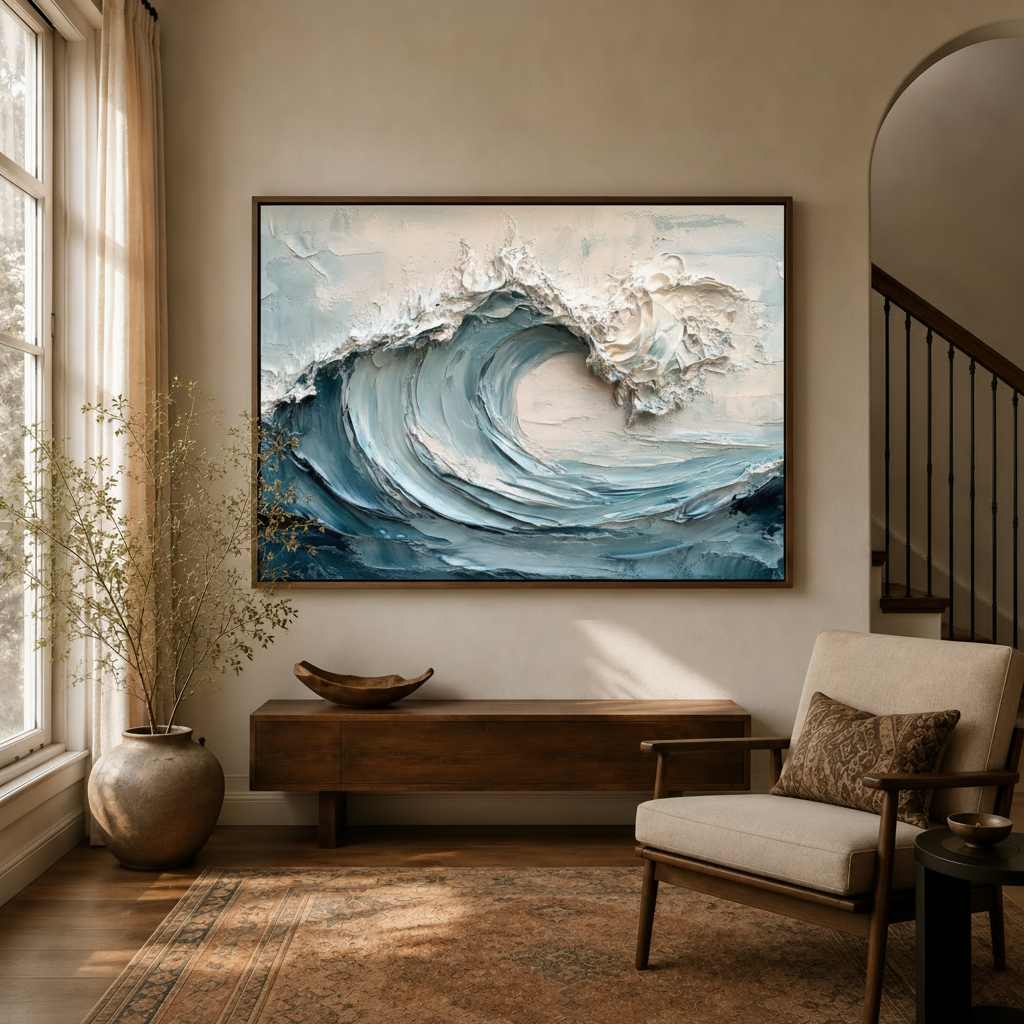 Ocean wave impasto canvas wall art in float frame above console in warm neutral entryway