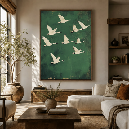 White swans in flight green canvas wall art displayed above console in warm neutral living room