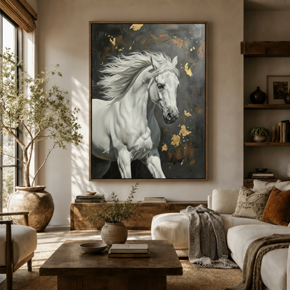 White horse gold foil oil painting canvas displayed above sideboard in warm modern living room