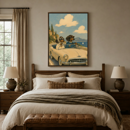 Retro dachshund convertible Mediterranean canvas in dark walnut float frame above cozy neutral bedroom headboard
