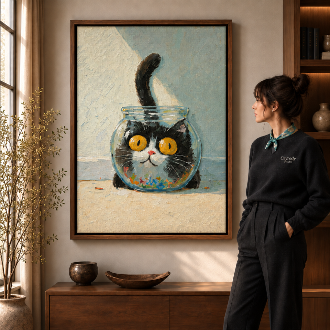 Tuxedo cat canvas wall art with golden eyes in a walnut frame beside a woman in dark clothing.