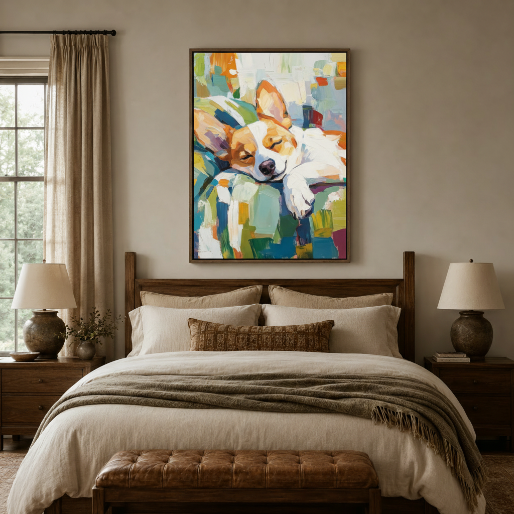 Colorful impasto sleeping corgi canvas wall art in walnut float frame above bed in warm cozy bedroom