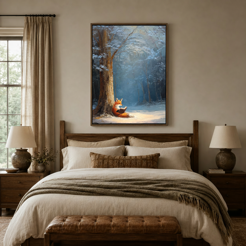 Cozy fox reading book snowy winter forest impressionist canvas in walnut float frame above neutral bedroom