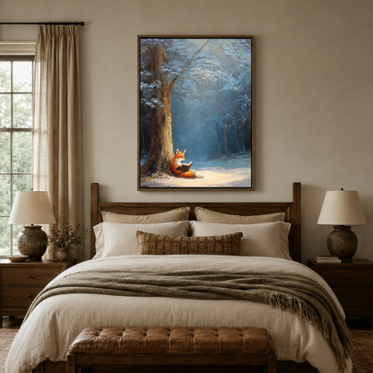 Cozy fox reading book snowy winter forest impressionist canvas in walnut float frame above neutral bedroom