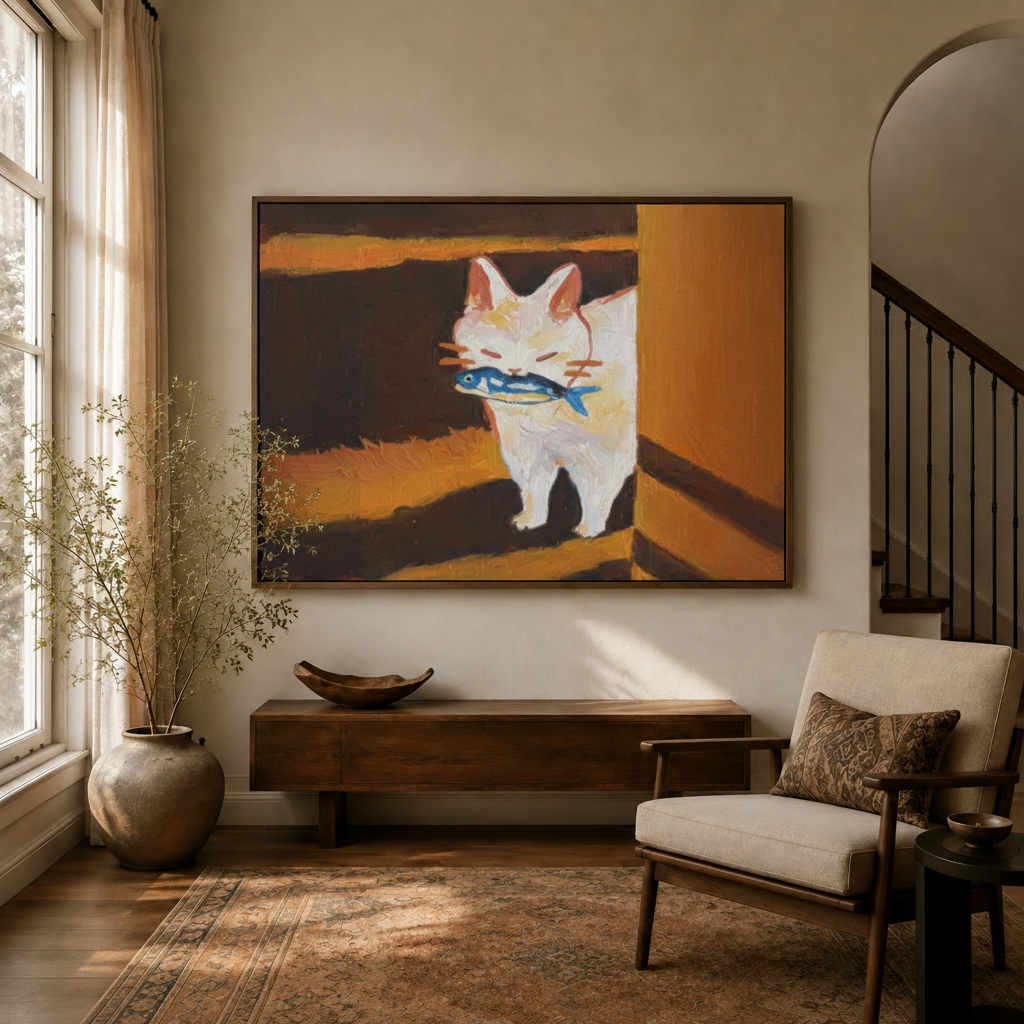 Whimsical white cat canvas bringing bold folk-art color to a modern interior