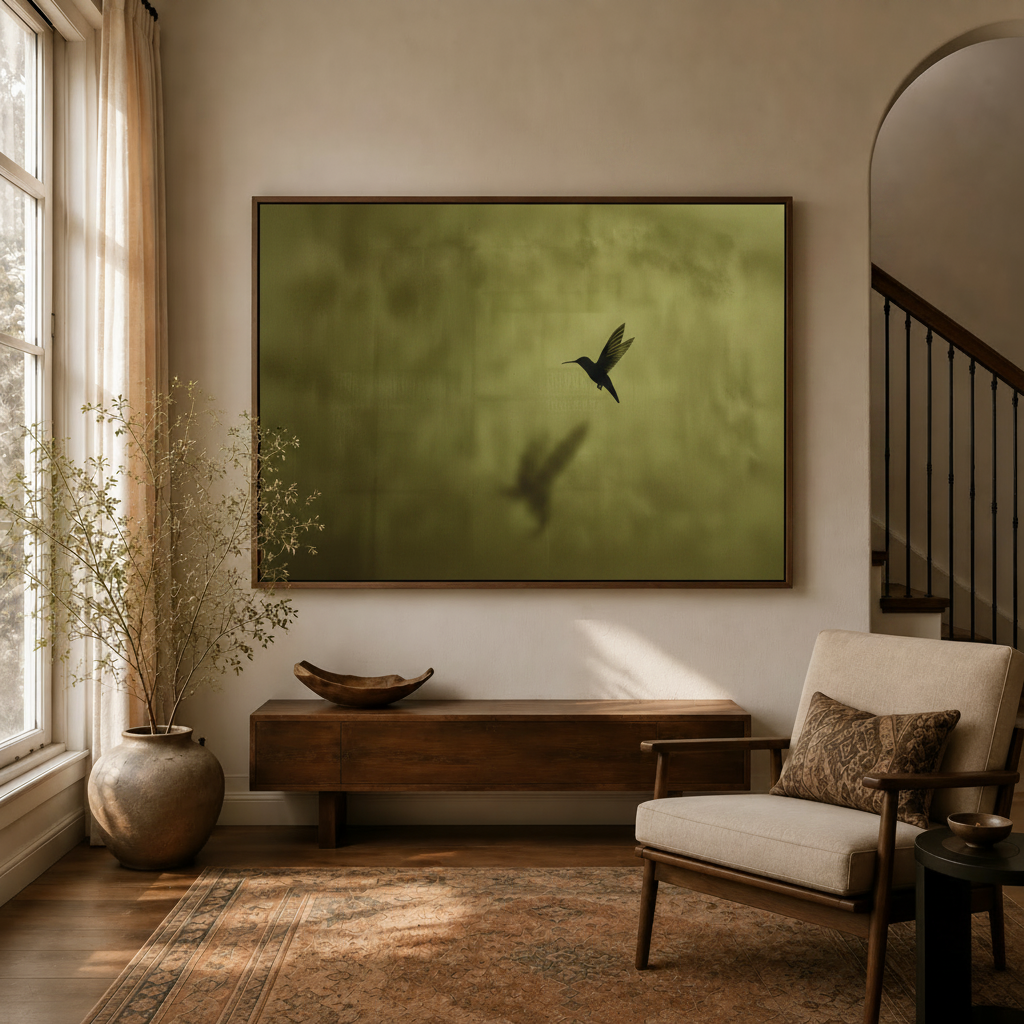 Dark moody hummingbird silhouette canvas wall art displayed above console in warm neutral entryway
