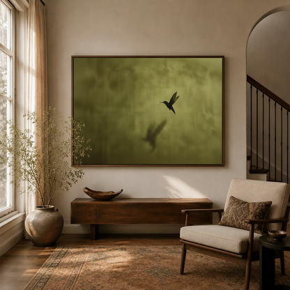 Dark moody hummingbird silhouette canvas wall art displayed above console in warm neutral entryway