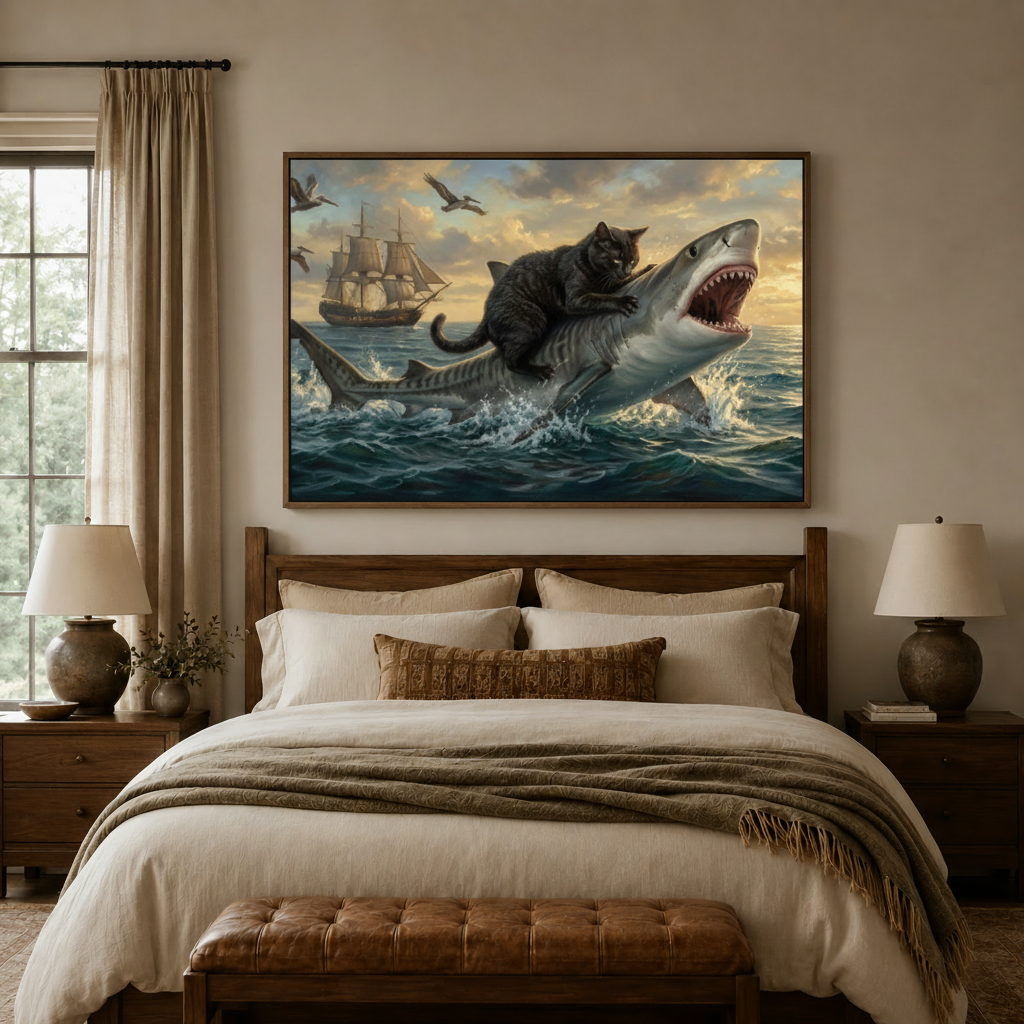 Black cat riding shark epic ocean canvas wall art displayed large above dark walnut headboard in cream bedroom