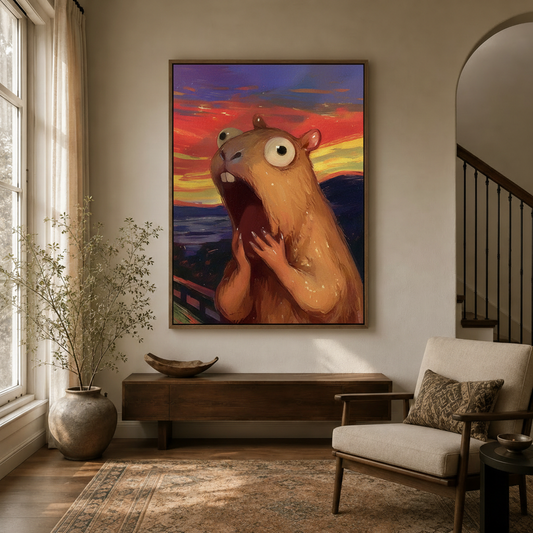 Funny capybara scream canvas art in walnut frame above console in warm neutral entryway with arched staircase