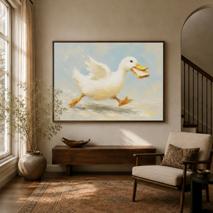Whimsical duck oil painting canvas in float frame displayed in warm living room entryway
