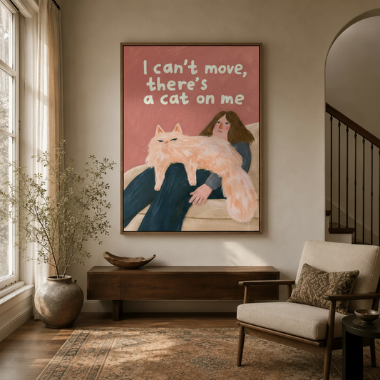 Funny cat canvas wall art displayed in warm neutral entryway with wooden console