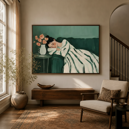 Sleeping woman green sofa canvas wall art displayed above console in warm neutral entryway
