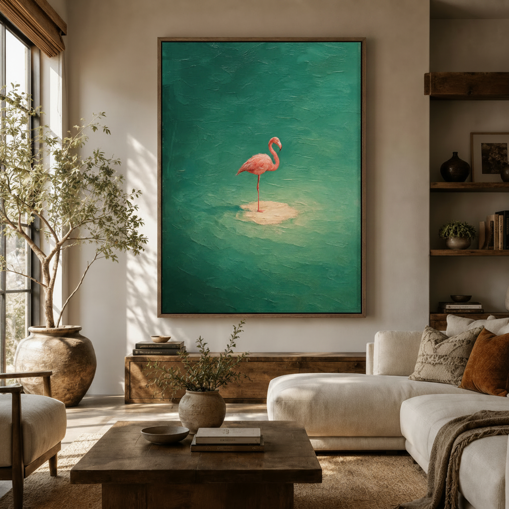 Flamingo oil painting canvas wall art in float frame displayed above walnut console in warm neutral living room