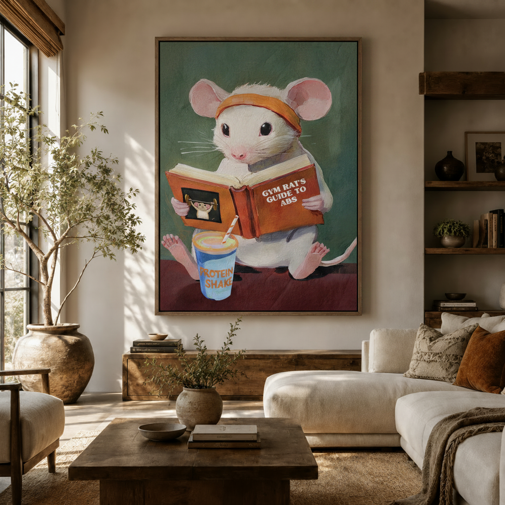 Funny gym rat mouse reading fitness book canvas wall art displayed in warm modern living room