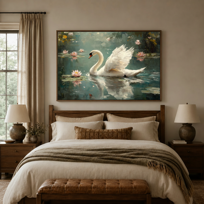 White swan lotus pond impressionist canvas wall art displayed above warm neutral bedroom headboard