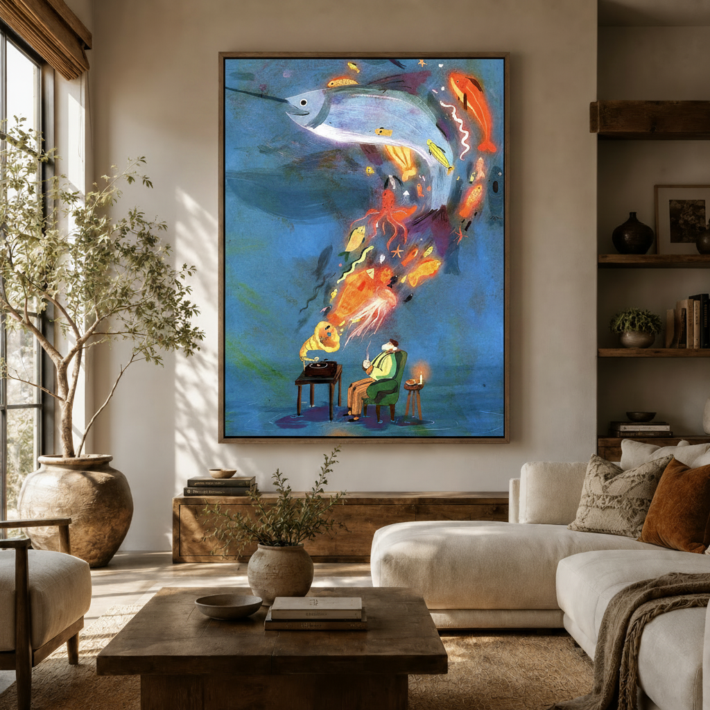 Gramophone ocean dream surrealist canvas art in walnut frame above console in warm Japandi living room