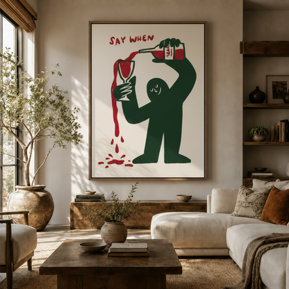 Say When wine canvas wall art in float frame styled in a warm neutral living room