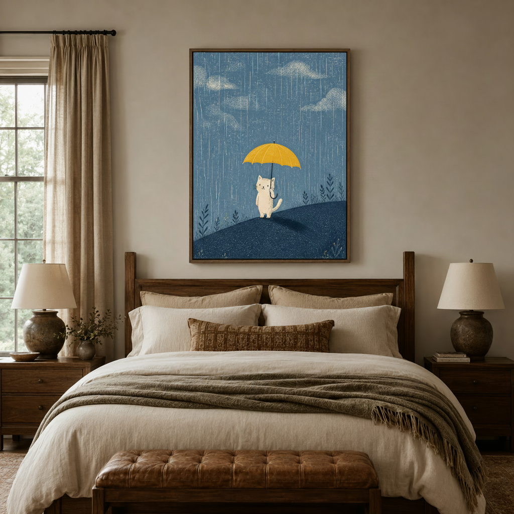 White cat yellow umbrella rainy day illustration canvas in dark walnut float frame above cozy neutral bedroom