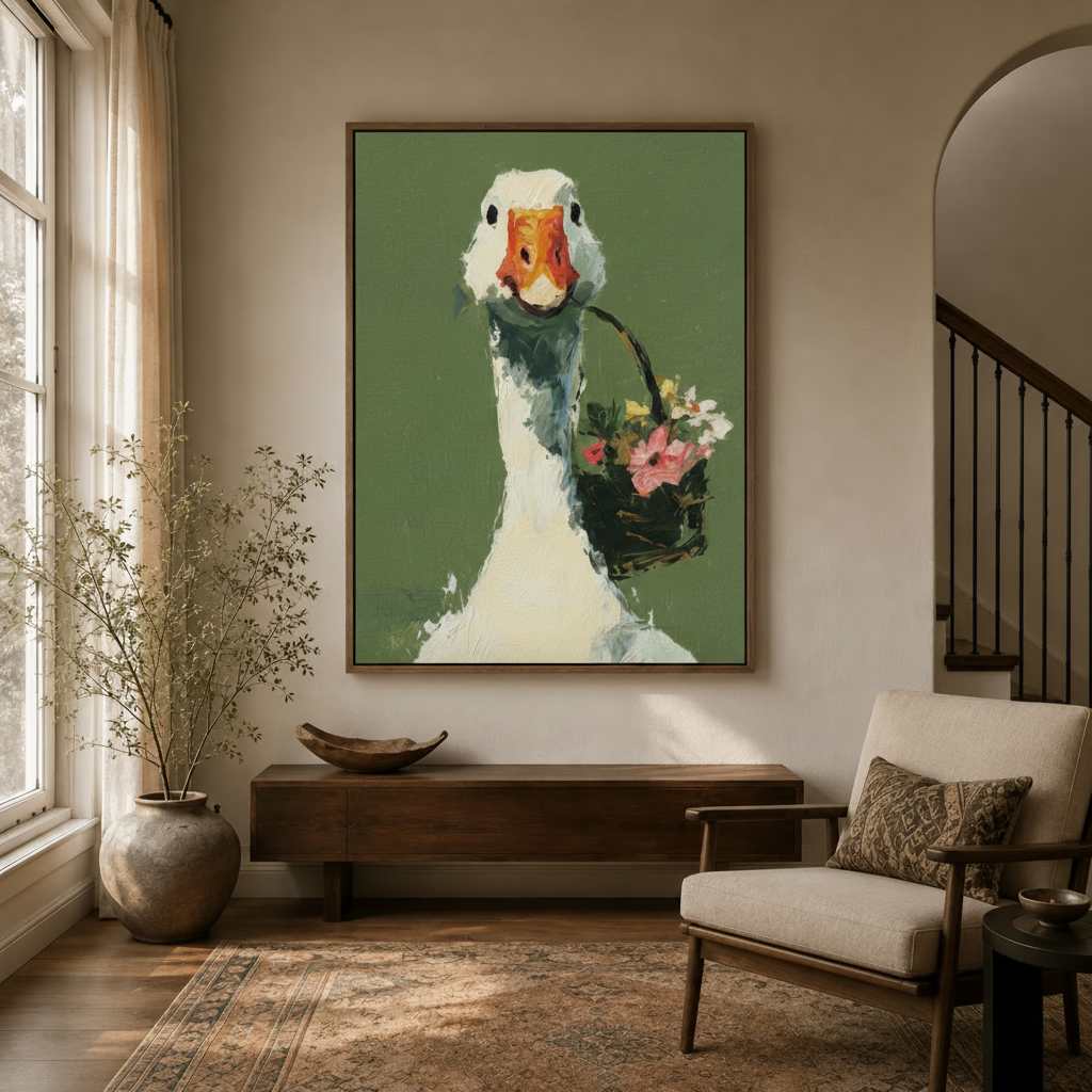 Whimsical goose with flower basket canvas wall art displayed in a warm neutral entryway with arched doorway