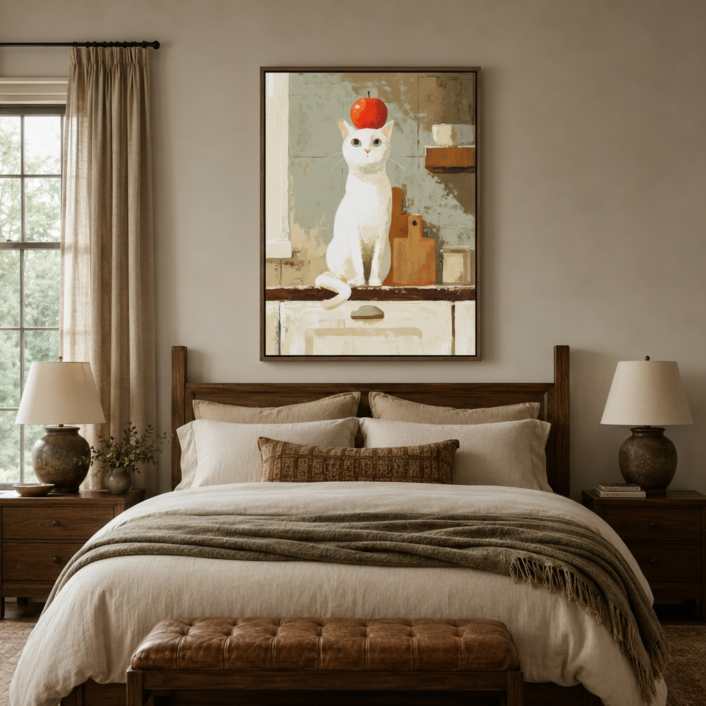 Impressionist white cat canvas wall art framed above bed in warm bedroom interior