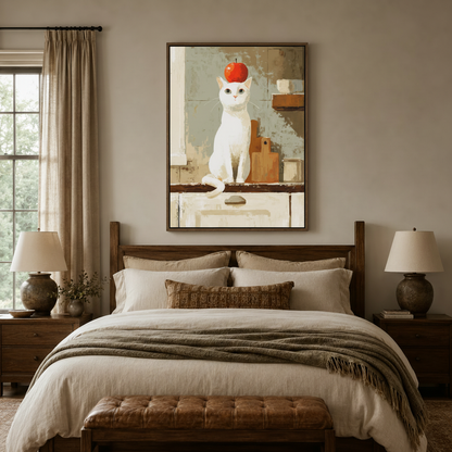 Impressionist white cat canvas wall art framed above bed in warm bedroom interior