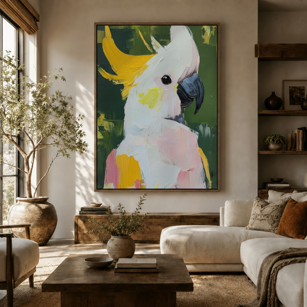 Expressive cockatoo oil painting canvas print displayed above white sofa in neutral living room